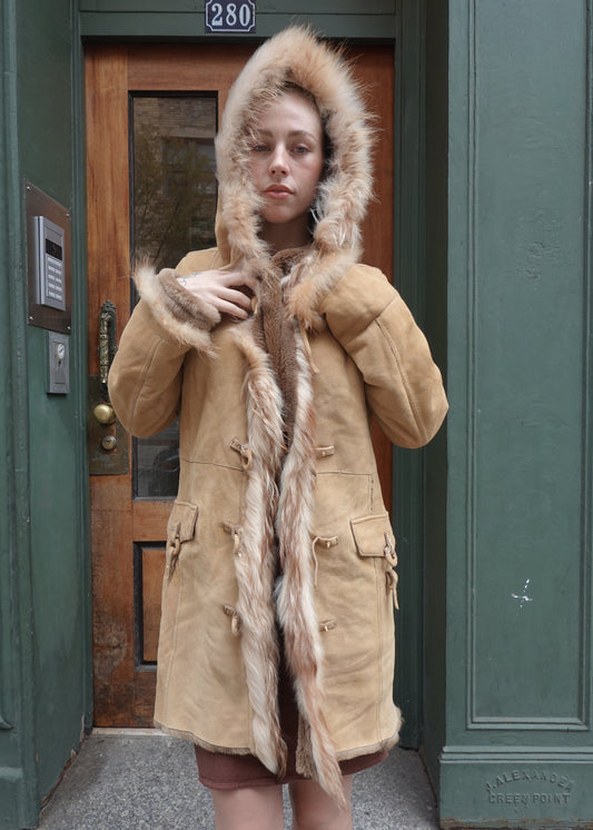 Suede Shearling Fur Trim Coat