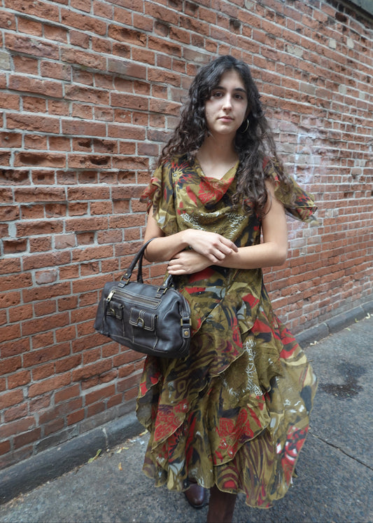 Green Patterned Ruffle Midi Dress