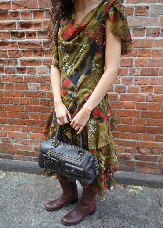 Green Patterned Ruffle Midi Dress