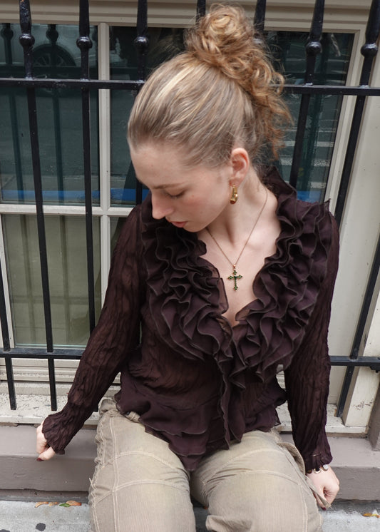 Sheer Brown Ruffle Blouse