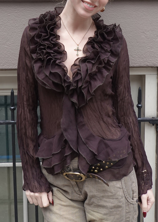 Sheer Brown Ruffle Blouse