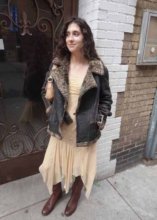 Leather Shearling Fur Trim Belted Coat