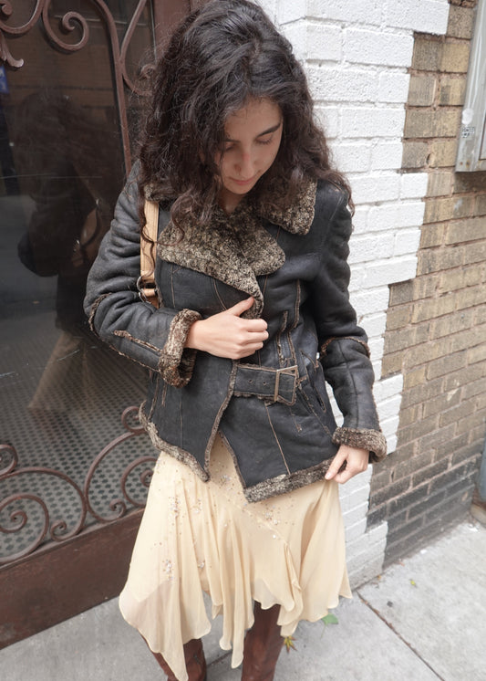 Leather Shearling Fur Trim Belted Coat