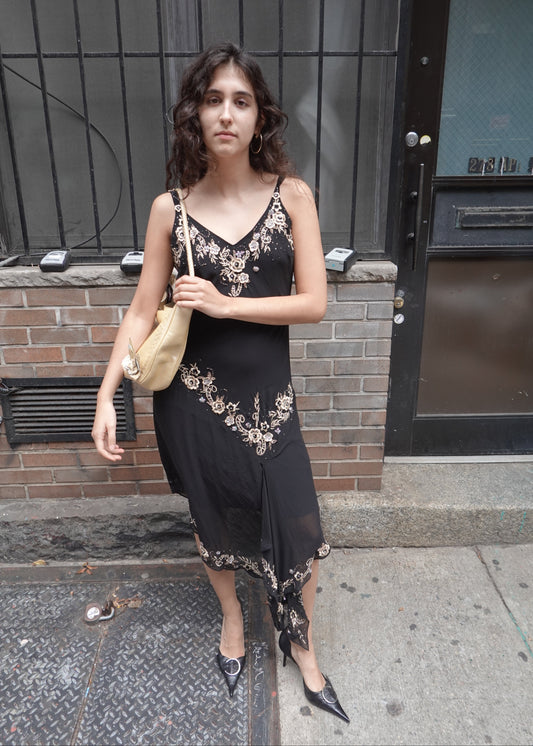 Black Floral Beaded Midi Dress