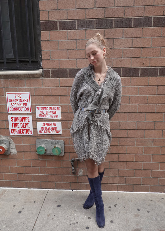 Grey Chunky Knit Ruffled Cardigan
