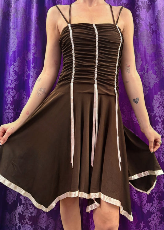 Brown Dress with White Ribbon Detailing