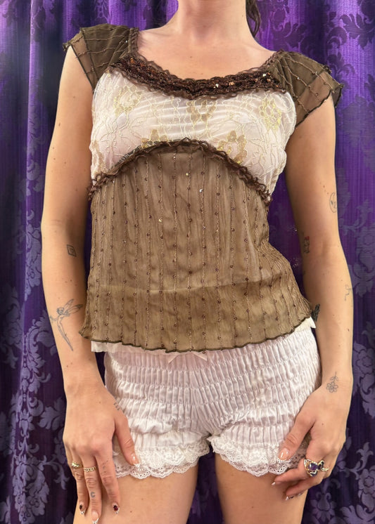 Brown and White Lace Sequin Top
