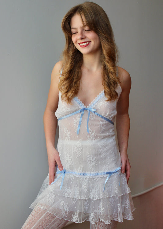 White Lace Slip Dress with Blue Ribbon and Bow Details