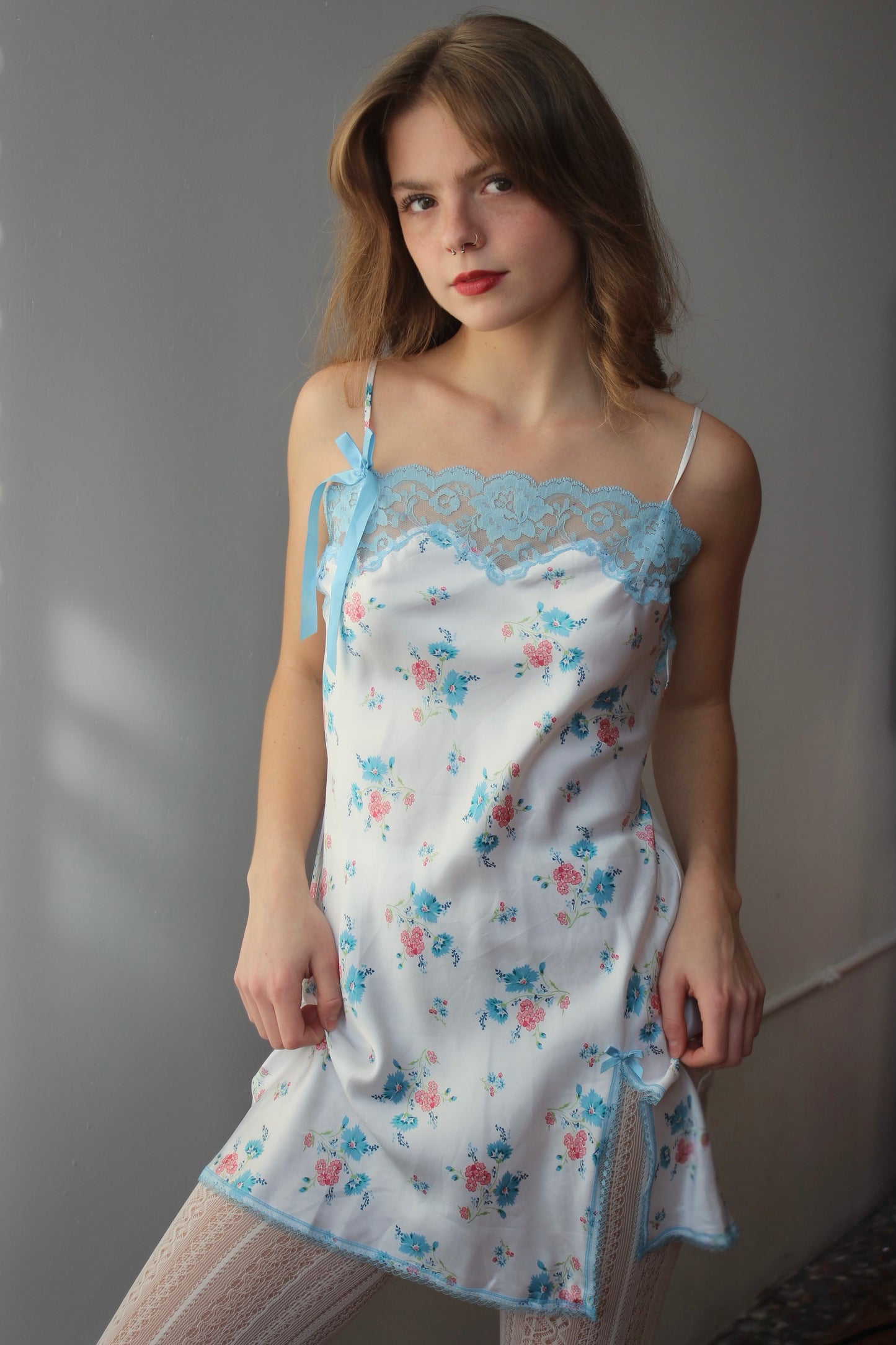 Victoria's Secret Angels Floral Slip with Blue Lace Trim