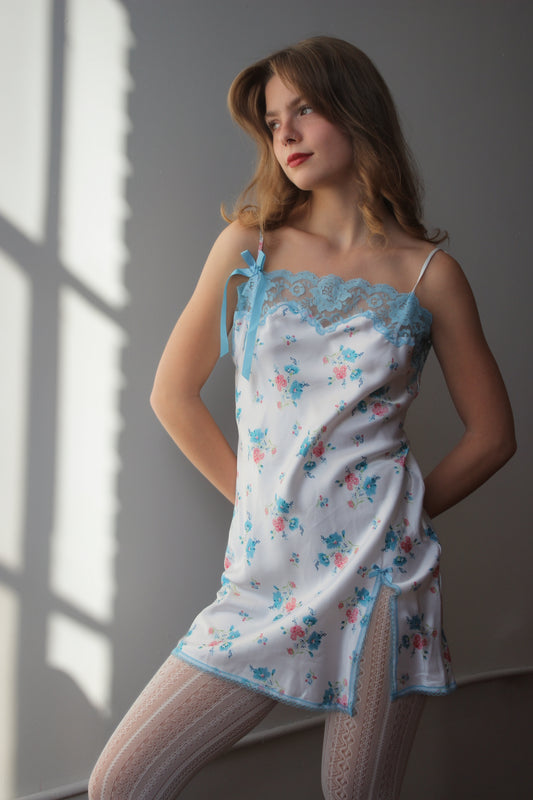 Victoria's Secret Angels Floral Slip with Blue Lace Trim