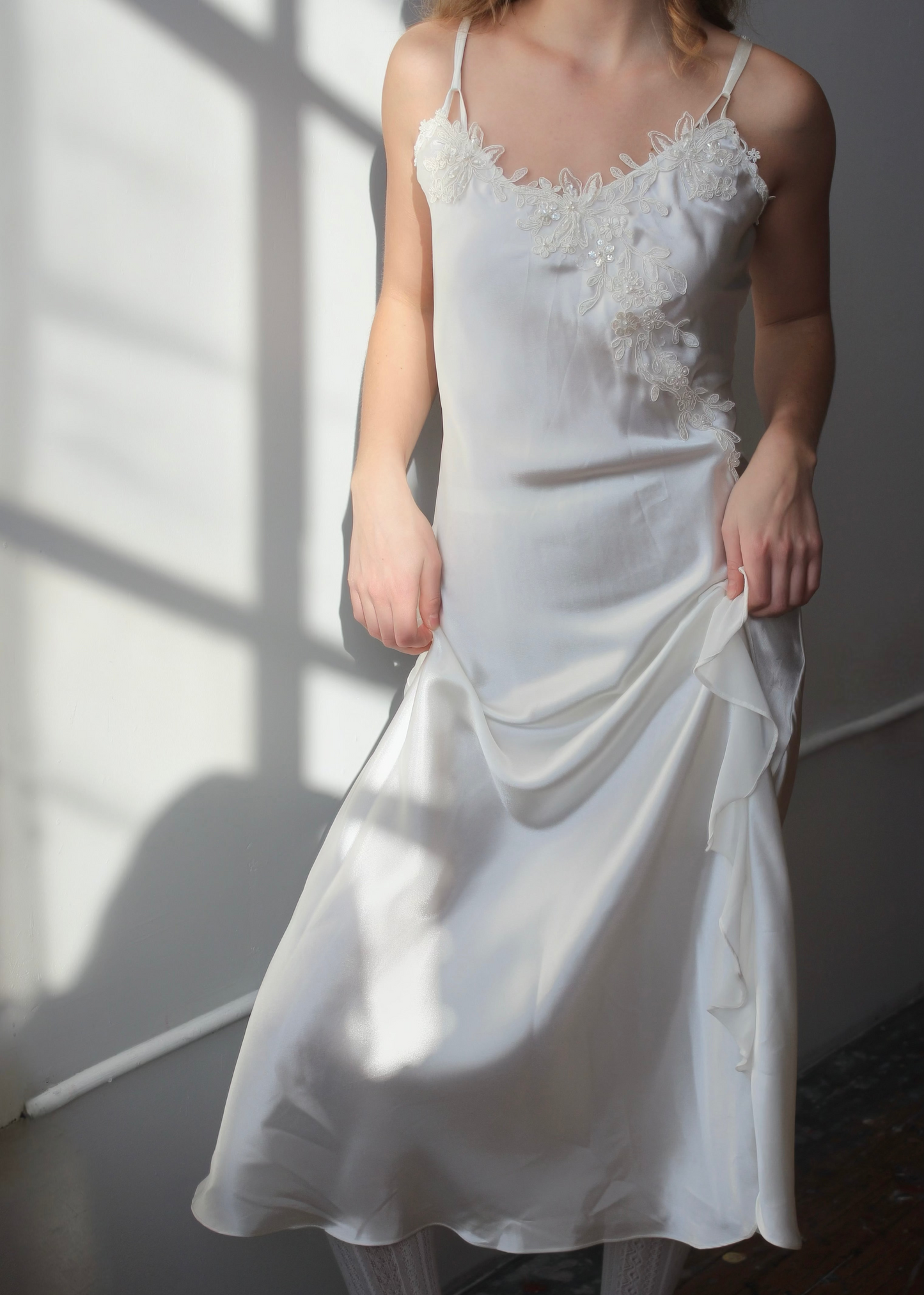 Ivory Lace Beaded Appliqué Long Slip Dress