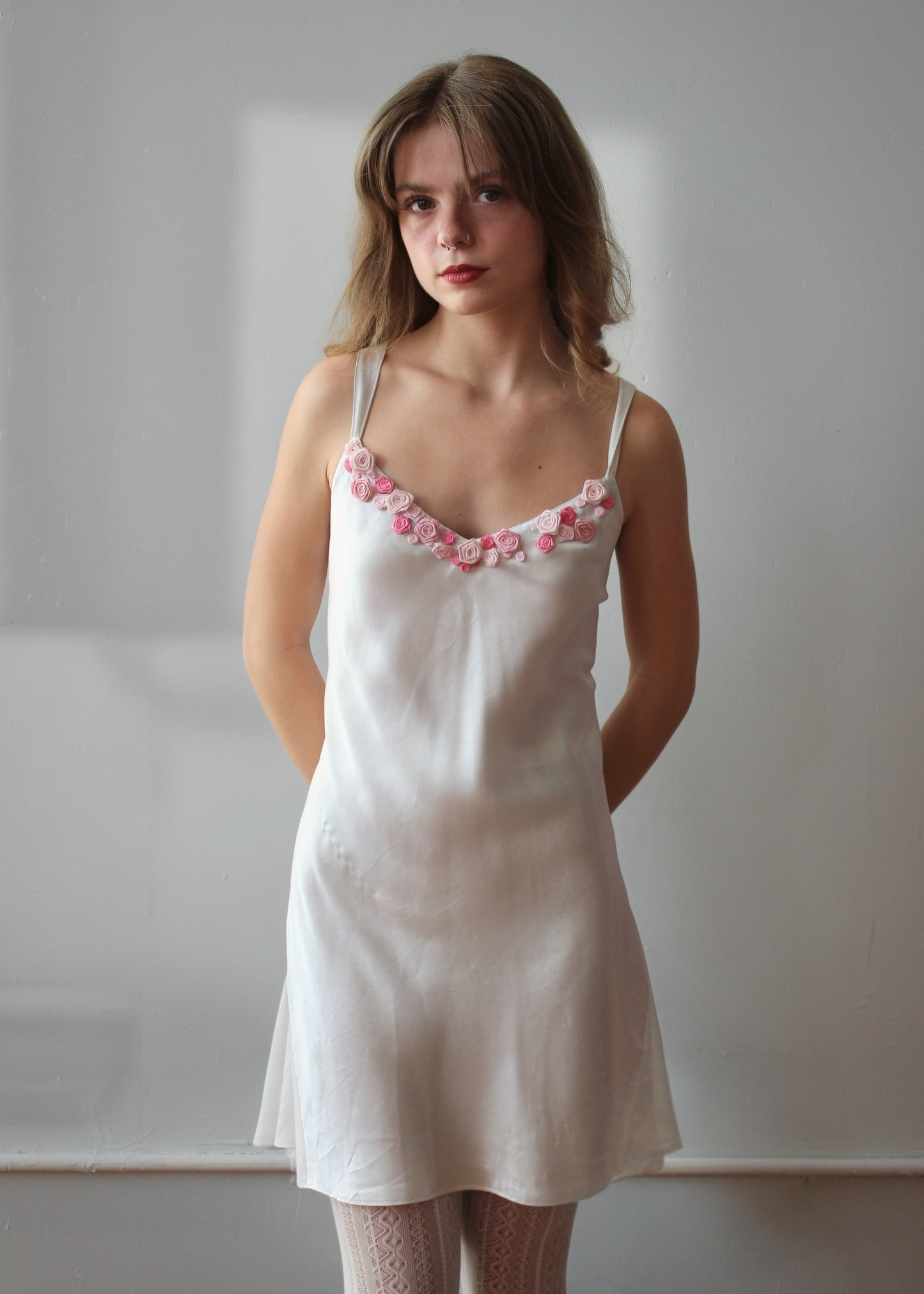 Ivory Slip Dress with Rosette Neckline