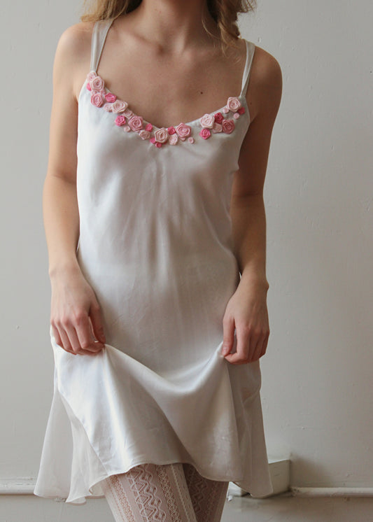 Ivory Slip Dress with Rosette Neckline