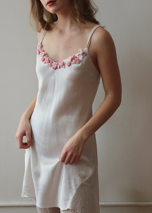 Ivory Slip Dress with Rosette Neckline