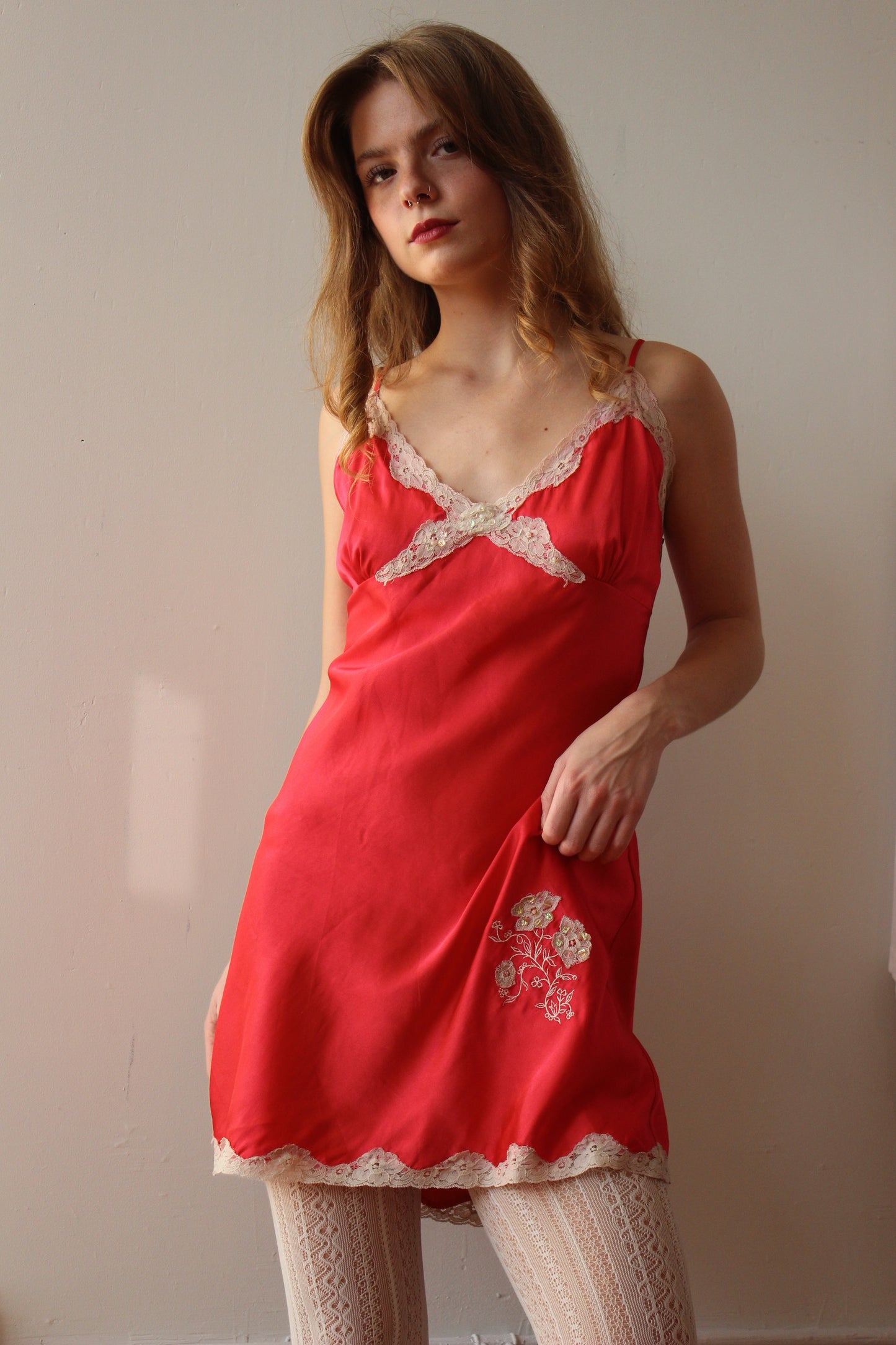 Red Slip Dress with Lace and Beading Details