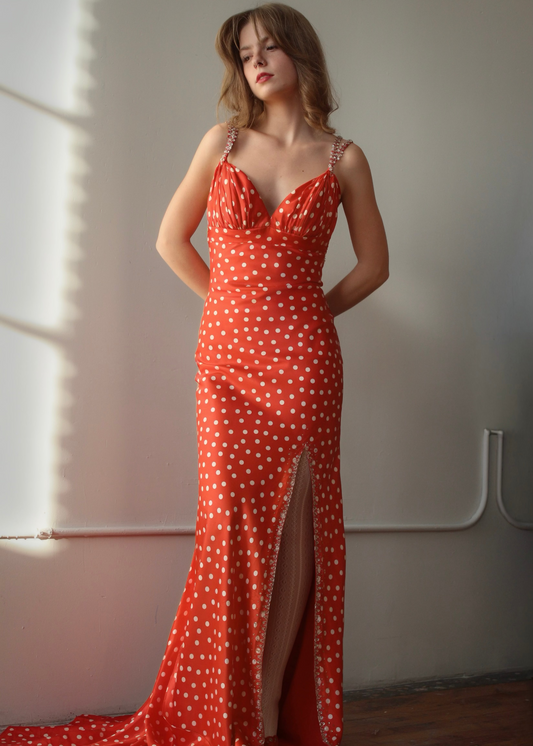 Mori Lee Red Polka Dot Beaded Gown