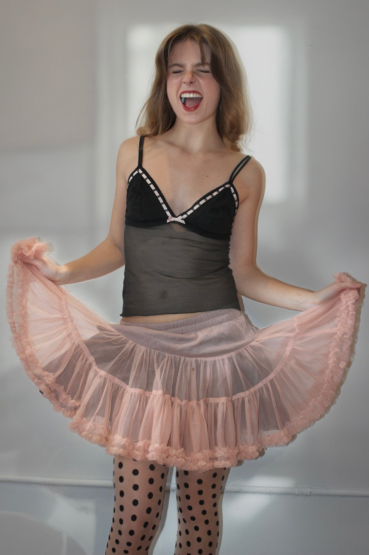 Black Mesh Cami with Pink Ribbon Detail