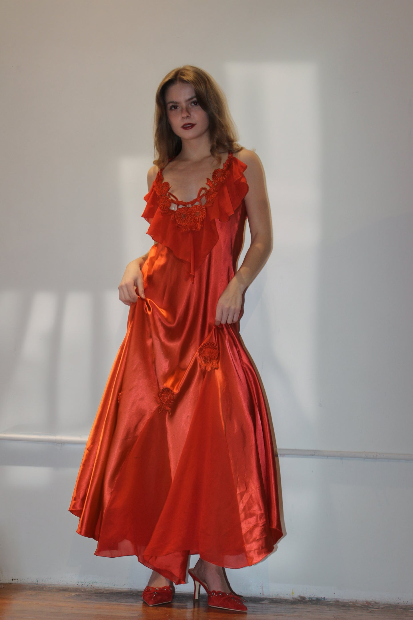 Red Floral Appliqué Ruffle Long Slip Dress