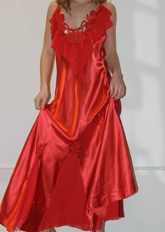 Red Floral Appliqué Ruffle Long Slip Dress