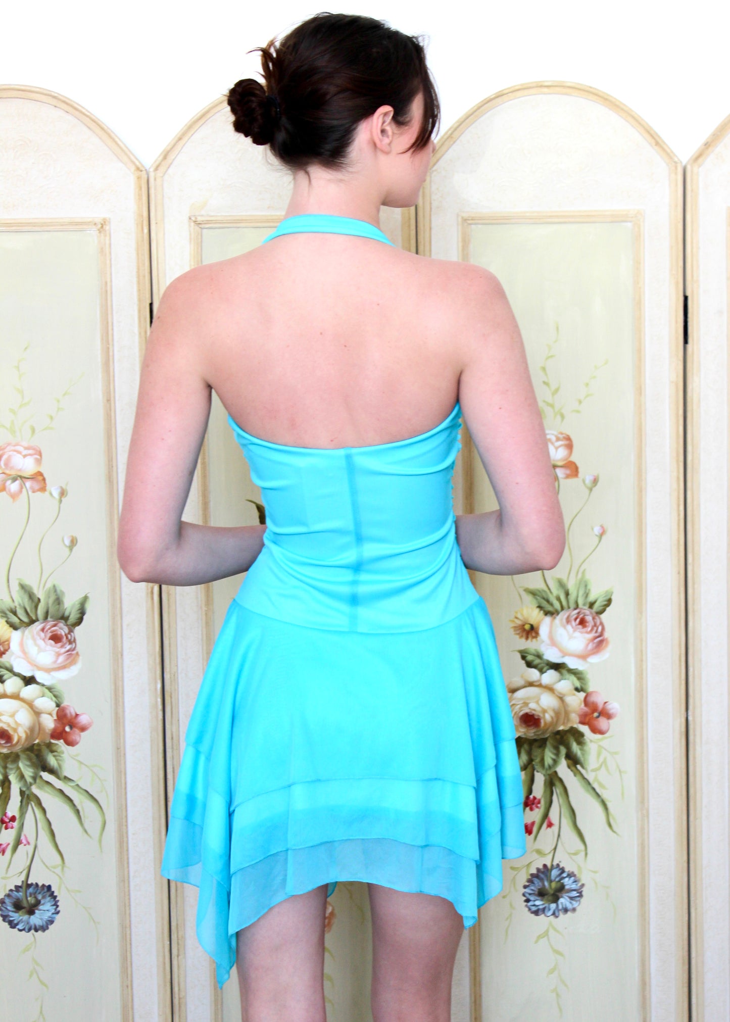 Y2K Teal Rhinestone Buckle Mini Dress
