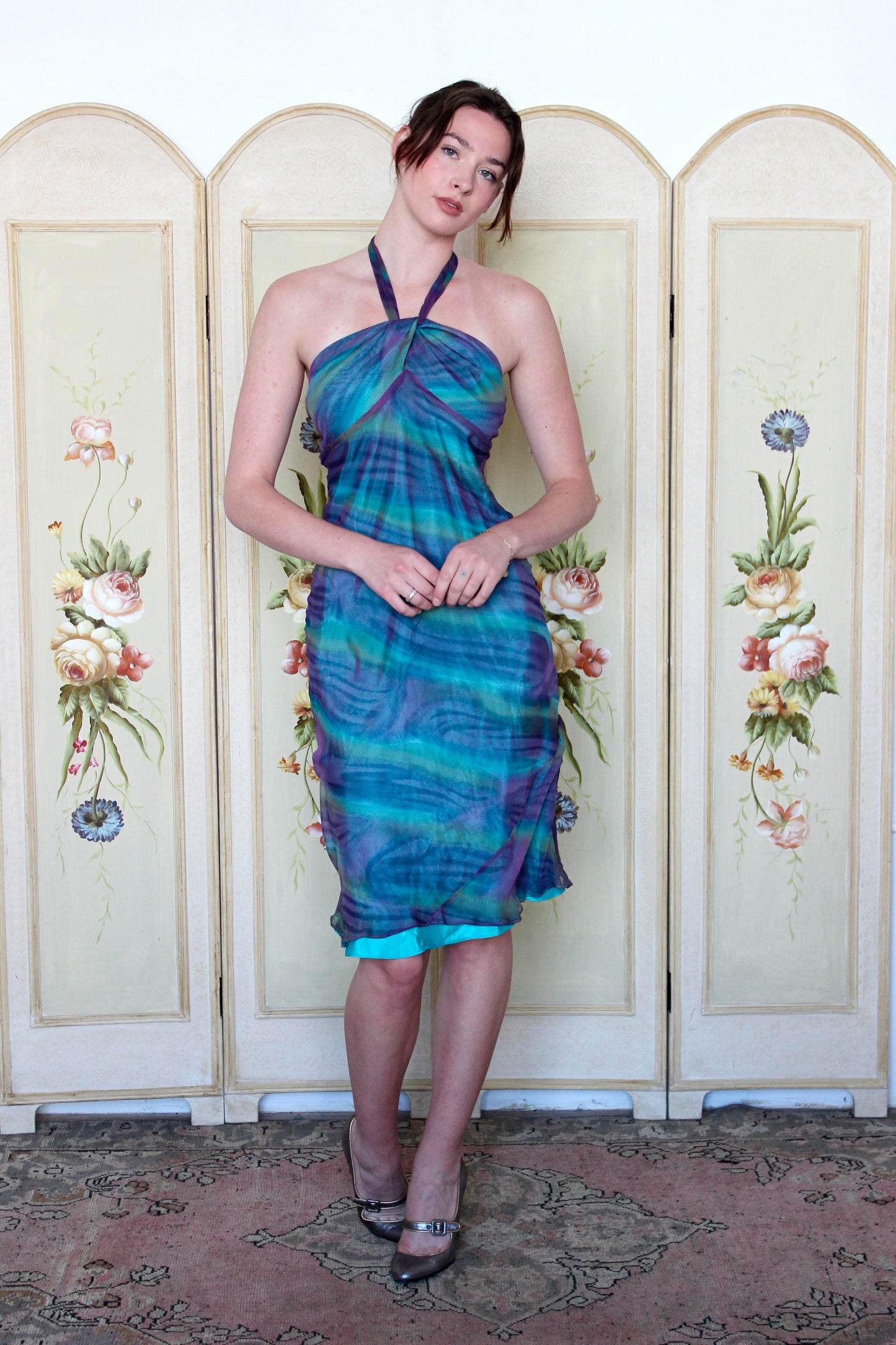 Laundry by Shelli Segal Silk Purple Blue and Green Seawater Halter Dress