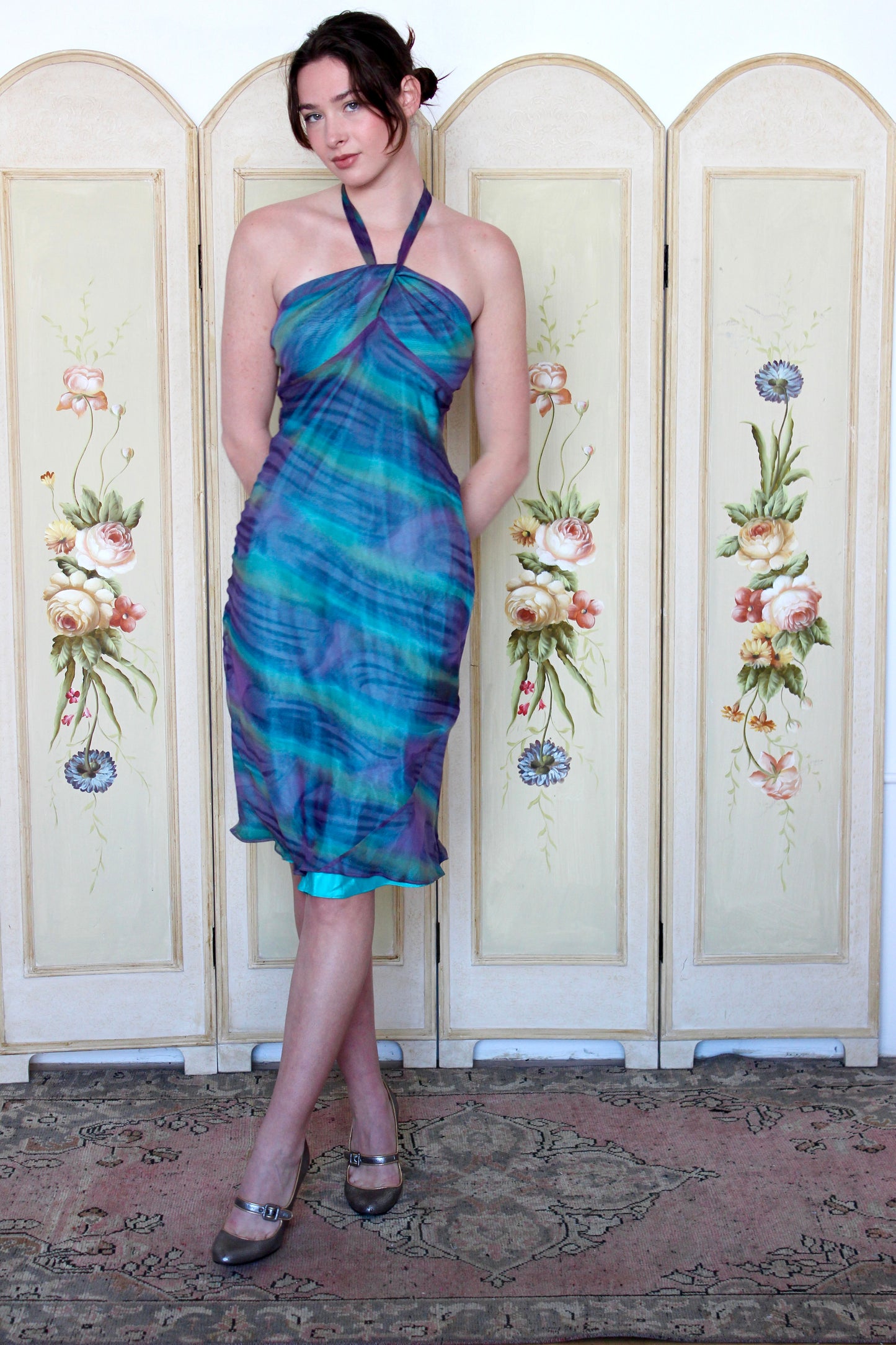 Laundry by Shelli Segal Silk Purple Blue and Green Seawater Halter Dress