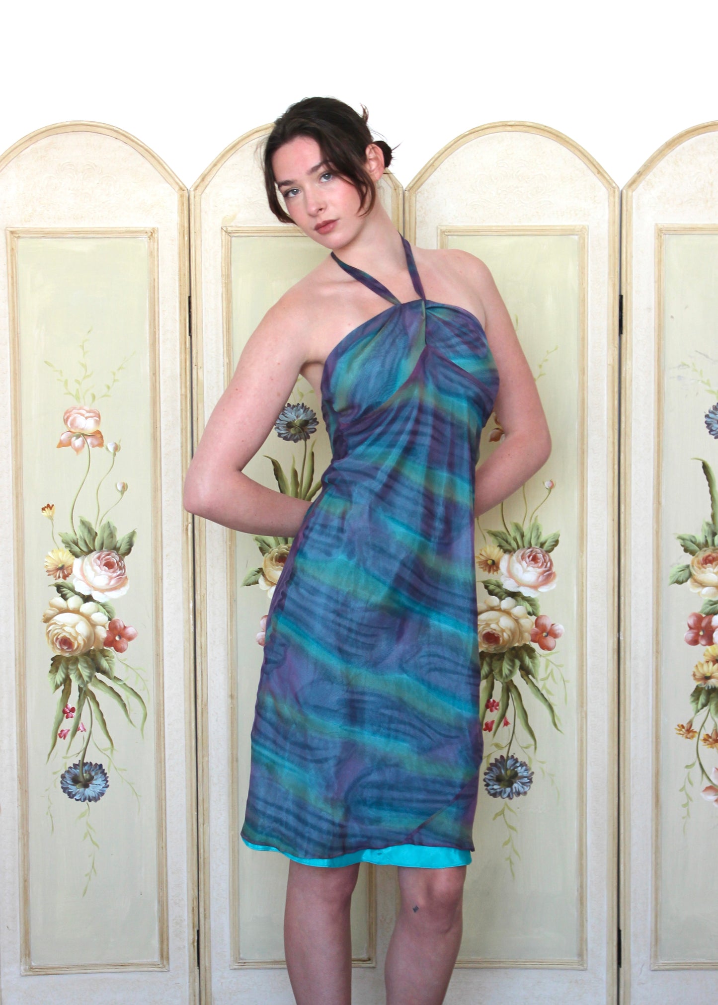 Laundry by Shelli Segal Silk Purple Blue and Green Seawater Halter Dress