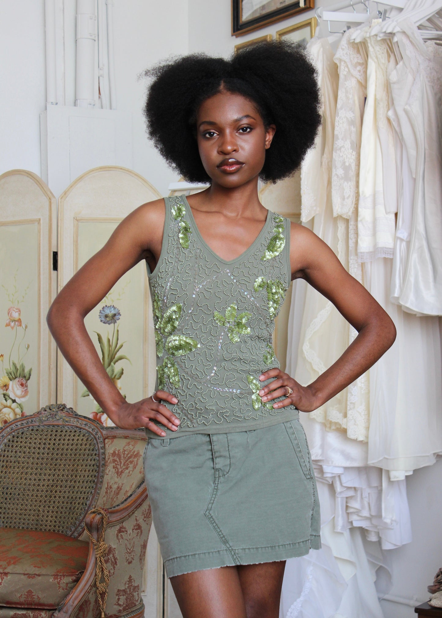Tres Jolie Green Beaded Top