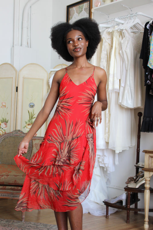 Asymmetrical Ruffle Red Midi Dress with Tropical Print