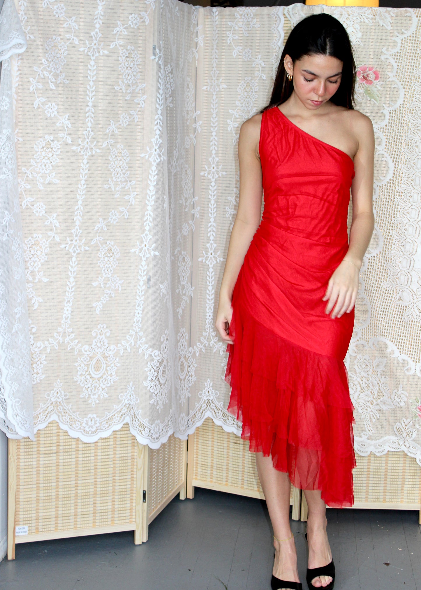 Red Chiffon One Shoulder Dress