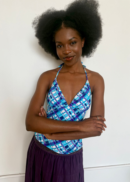 Blue Square Patterned Halter