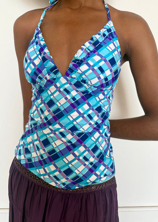 Blue Square Patterned Halter