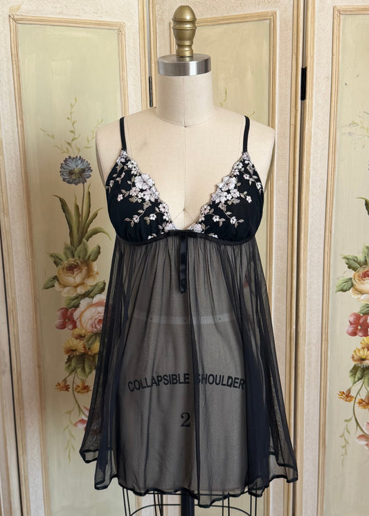 Black Mesh Slip with Floral Embroidery