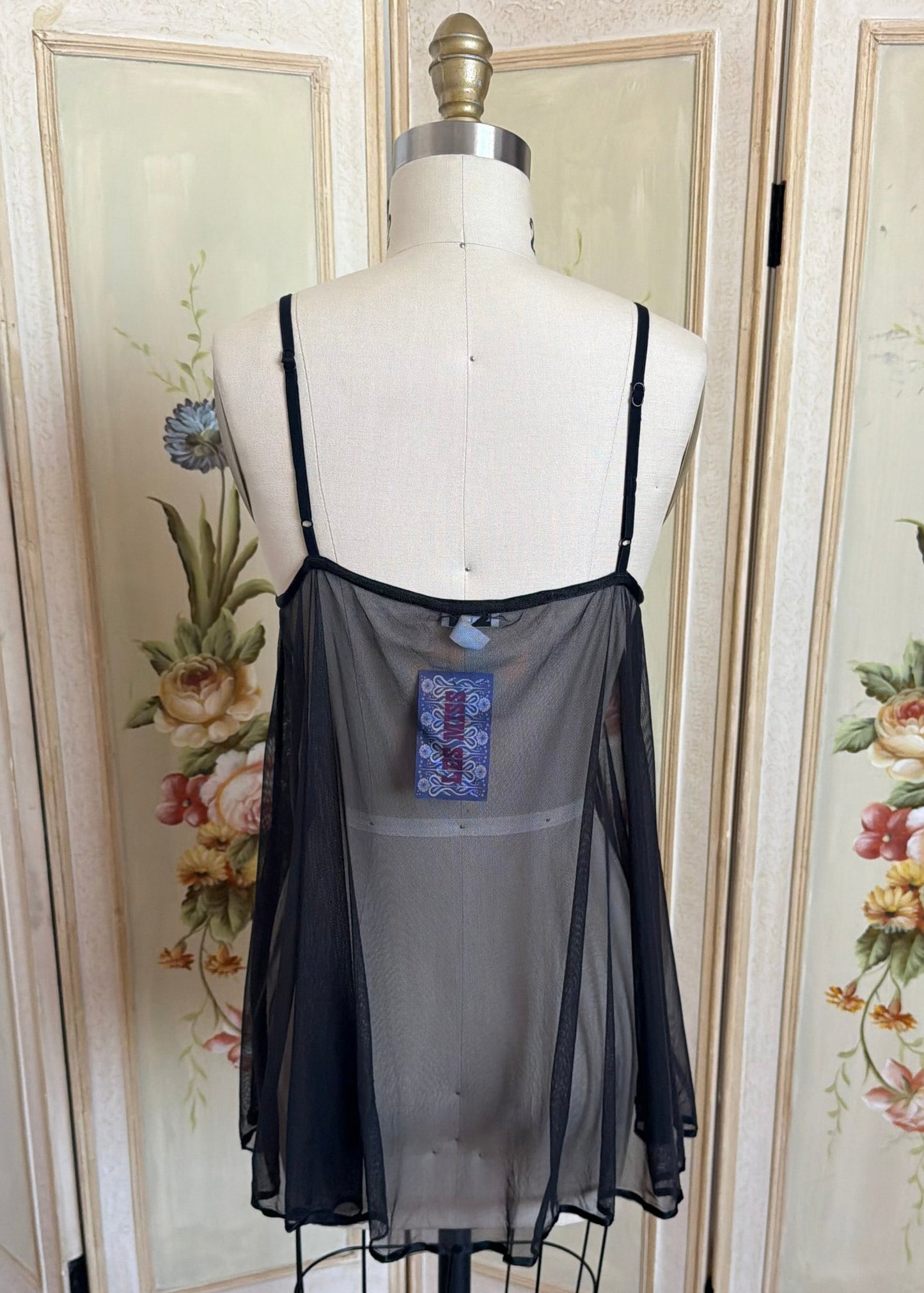 Black Mesh Slip with Floral Embroidery
