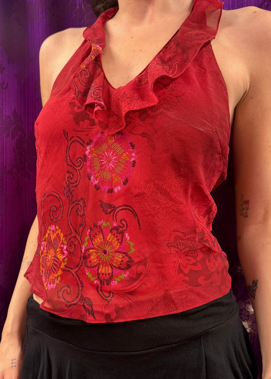 Red Boho Print Ruffled Halter Top
