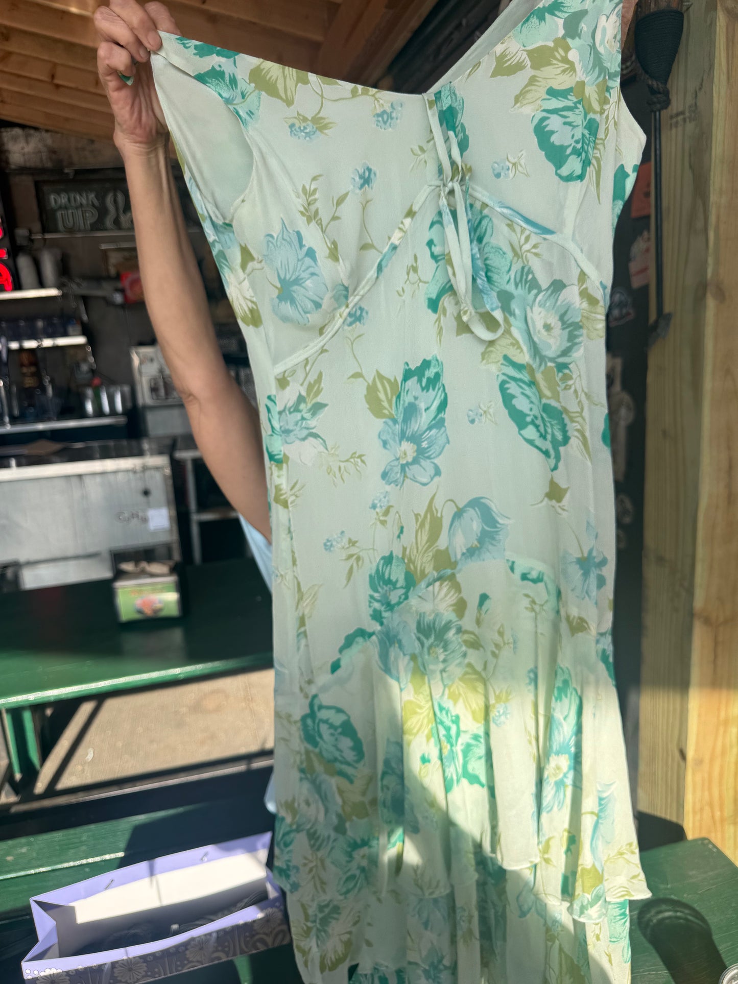ALM311 LIGHT TURQUOISE FLORAL RUFFLE HEM SLEEVELESS DRESS