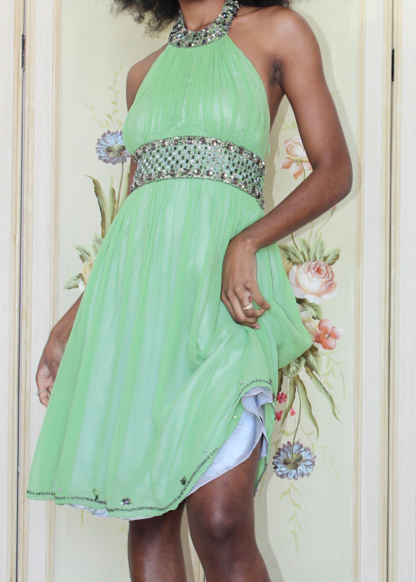 Adrianna Papell Evening Silk Beaded Halter Dress