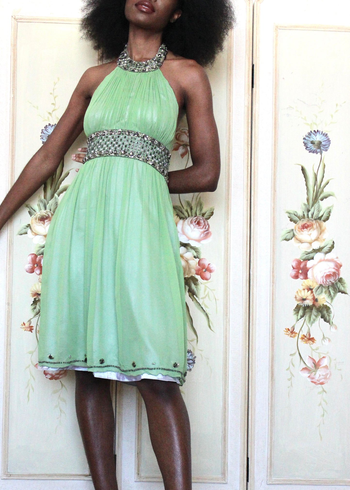 Adrianna Papell Evening Silk Beaded Halter Dress