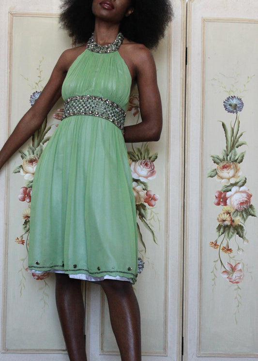 Adrianna Papell Evening Silk Beaded Halter Dress