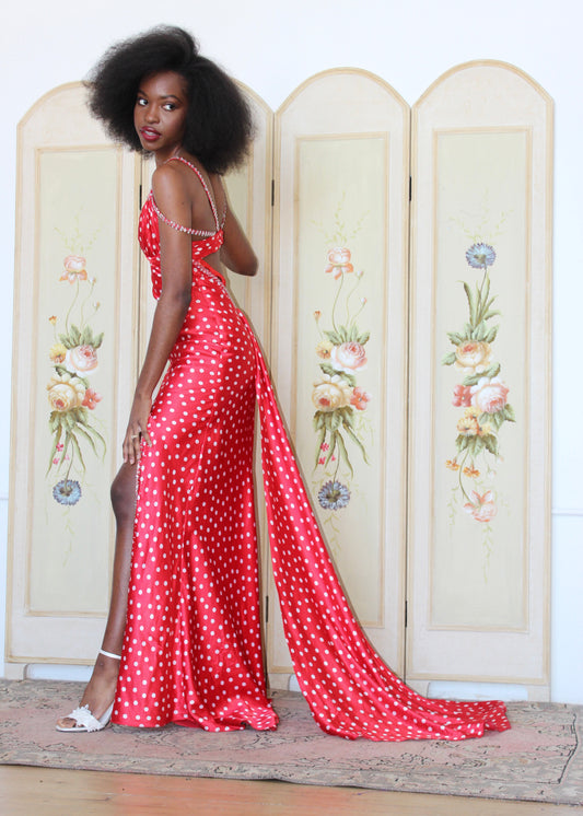 Mori Lee Red Polka Dot Beaded Gown