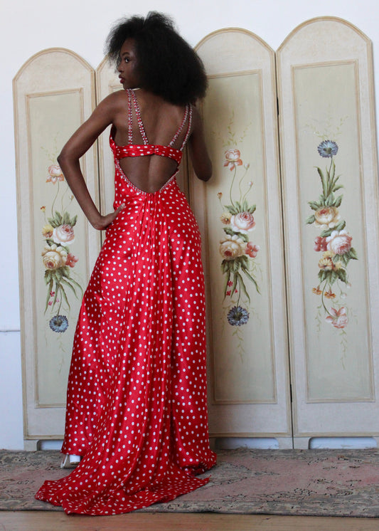 Mori Lee Red Polka Dot Beaded Gown