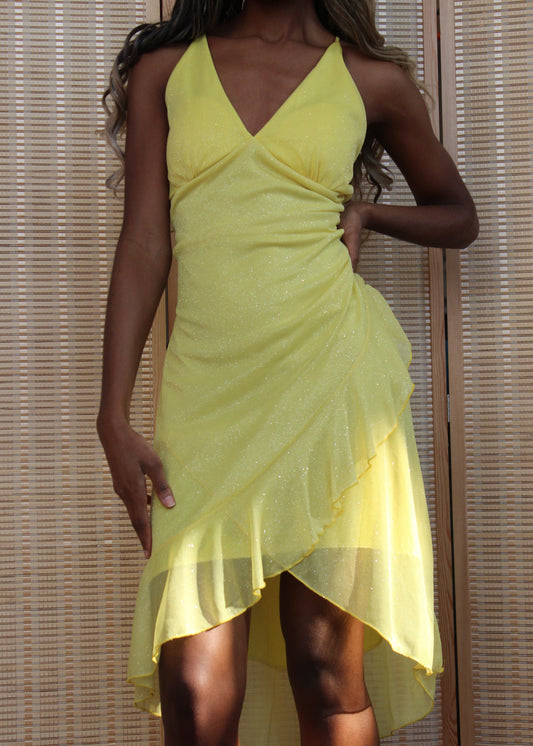 Va Va Voom Y2K Yellow Sparkle Halter Dress