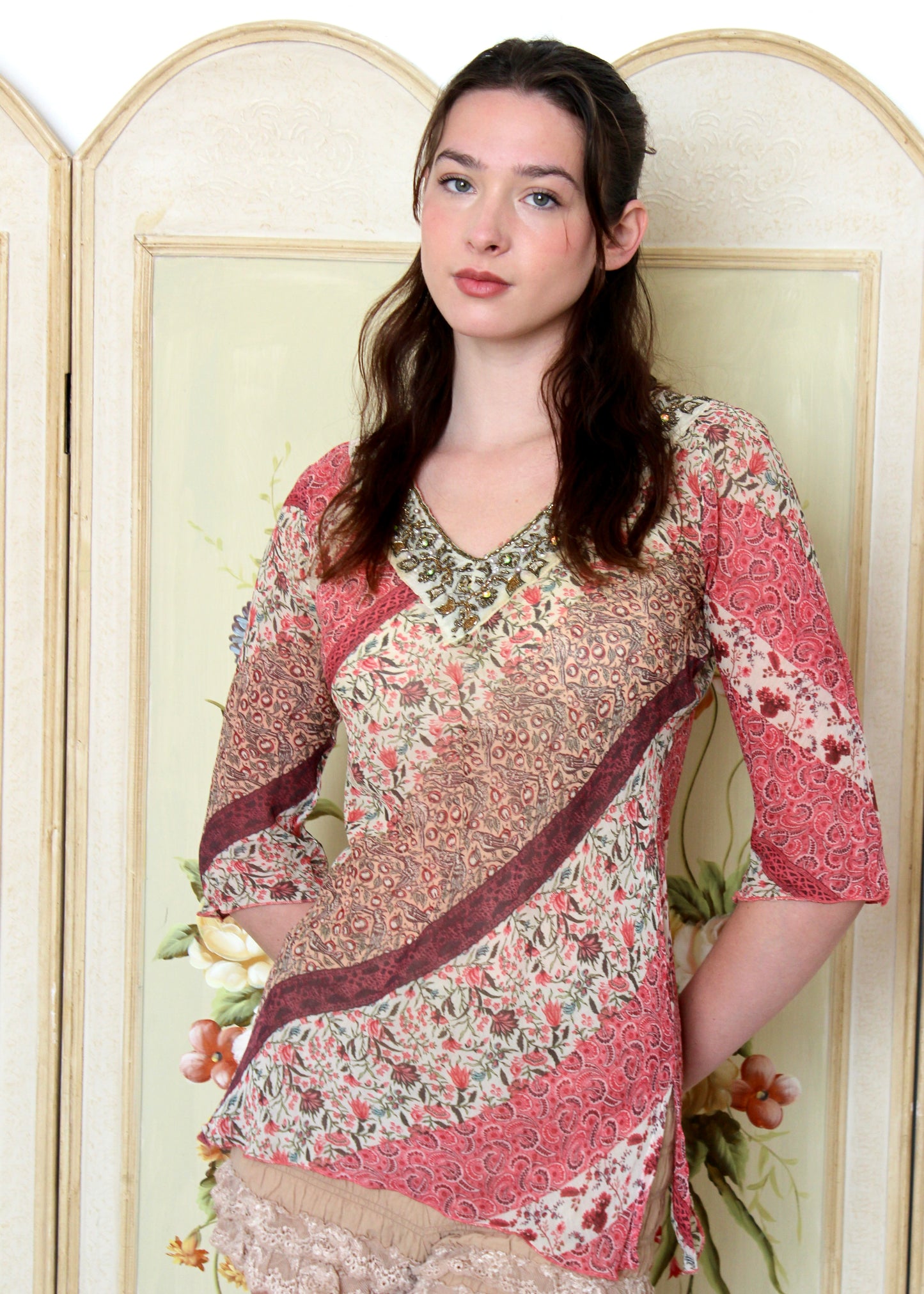 Motivi Pink Patterned Beaded Tunic Top