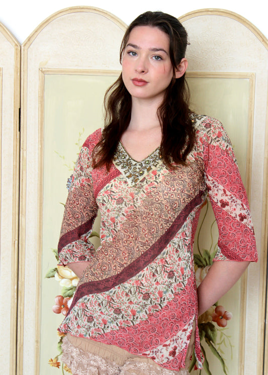 Motivi Pink Patterned Beaded Tunic Top