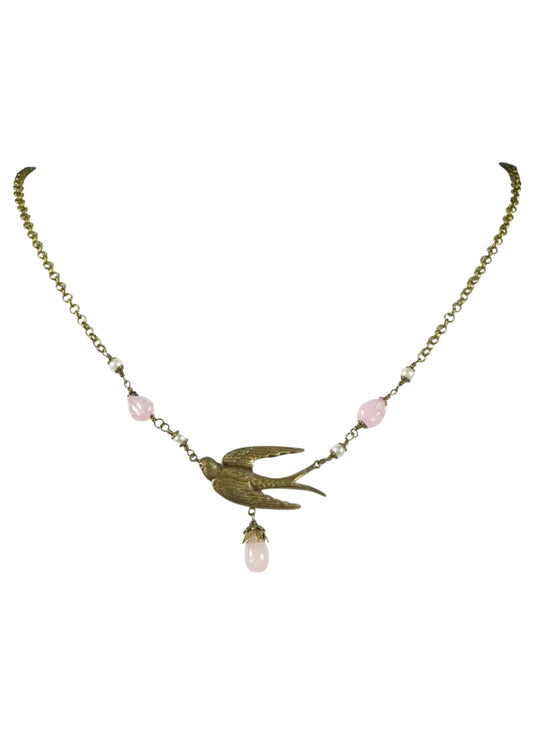 Vintage Brass Necklace - Flyaway - Bird with Rose Quartz