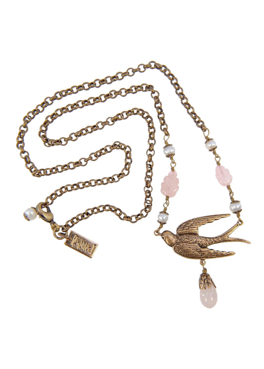 Vintage Brass Necklace - Flyaway - Bird with Rose Quartz