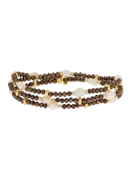 Gold/Bronze Crystal Beaded Pearl Stretch Bracelet