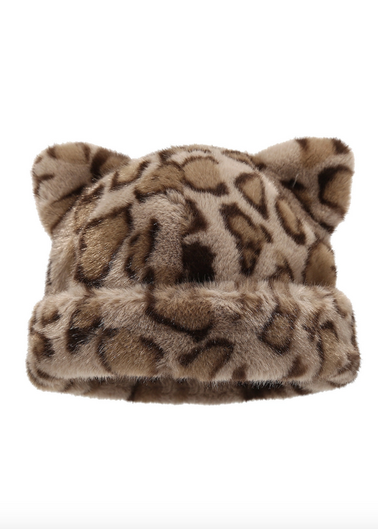 Fluffy Leopard Cat Ears Beanie Cap