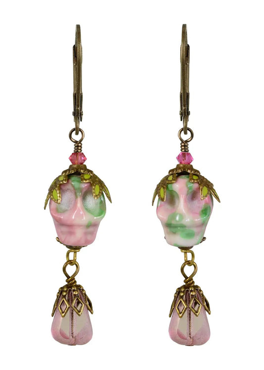 Fairyland: Carved Sugar Skull Hand Painted Earrings Crystals